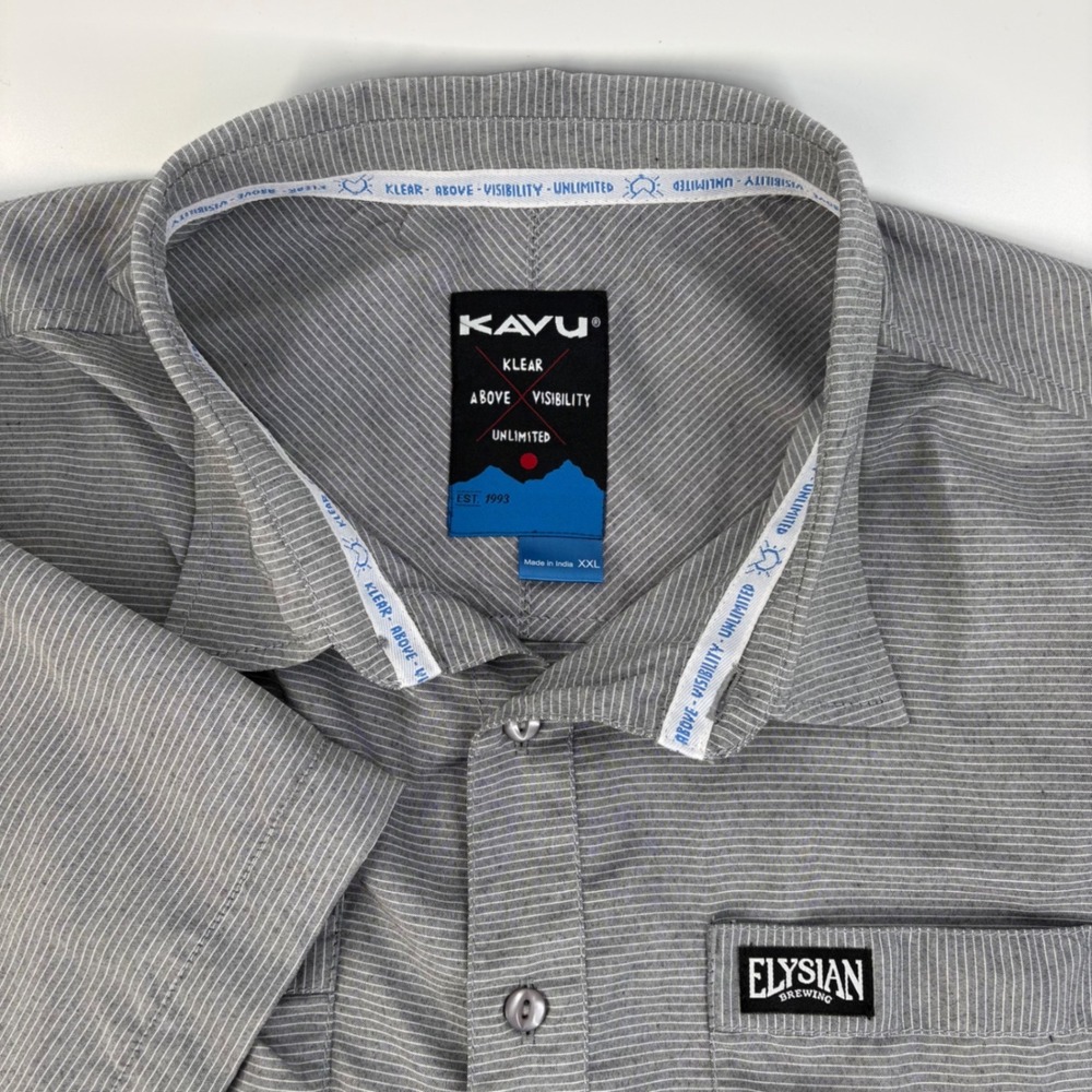 KAVU Clear Above Mens XXL Grey Striped Sh Slv Button Down Shirt Elysian Brewing